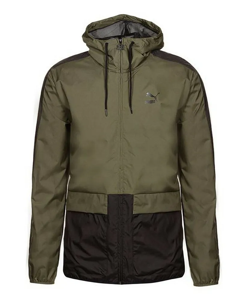 Puma Graphic Logo Langarm Reißverschluss nach grün schwarze Herren Kapuze -Jacke 573316 14 Khaki