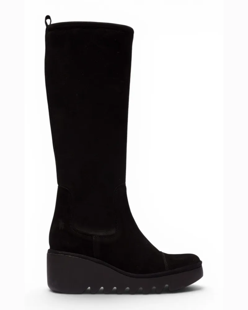Fly London Damen-Schwarze Wildlederstiefel mit hohem Keilabsatz – BUDI603 Schwarz