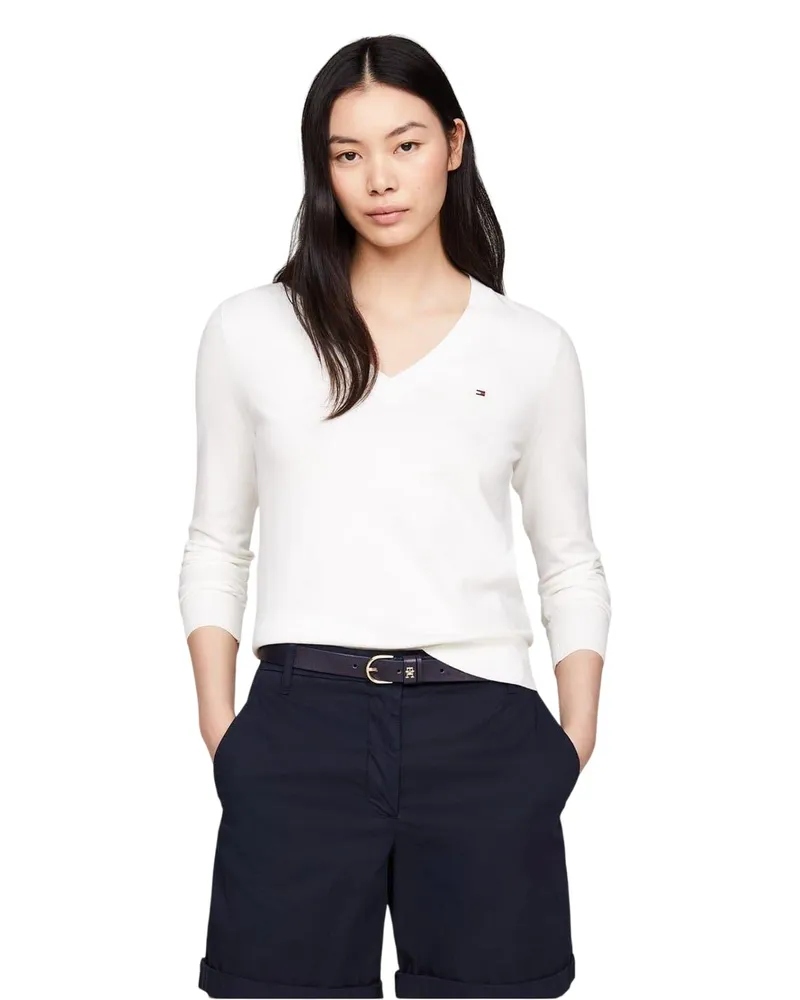 Tommy Hilfiger Pullover Top für Damen, V-Ausschnitt, Baumwolle (Ecru Ecru