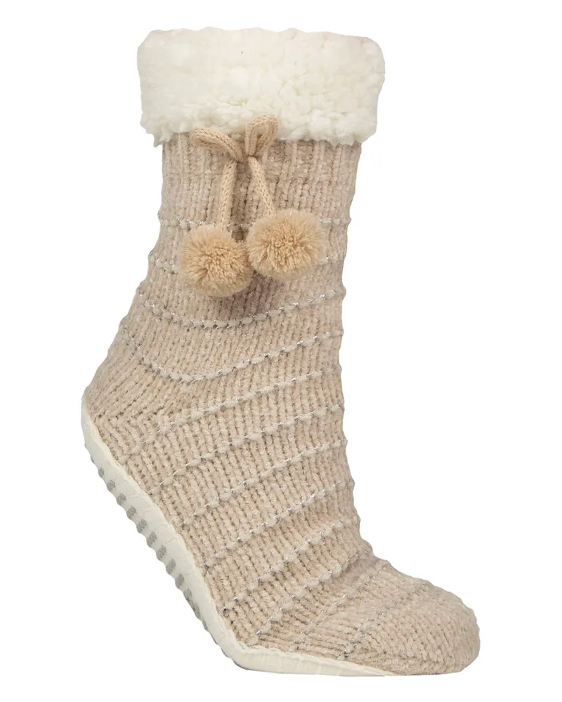 Elle 1 Paar Damen Chenille Haussocken mit Mokassinsohle - Weicher, gemütlicher Komfort Beige