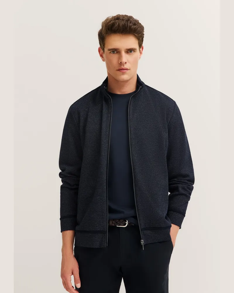 Bugatti Herren-Sweatjacke mit Stehkragen aus Baumwoll-Mix - Marineblau Marineblau