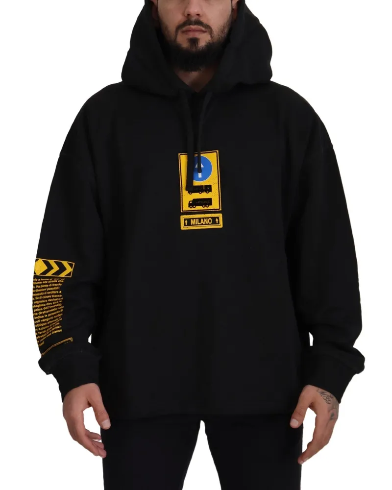 Dolce & Gabbana Schwarzer Baumwoll-Hoodie mit DG Shield-Pullover Schwarz