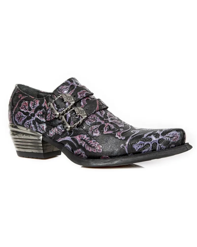 New Rock Vintage Lila Blumenleder Schnallenschuhe-7960-S8 Schwarz