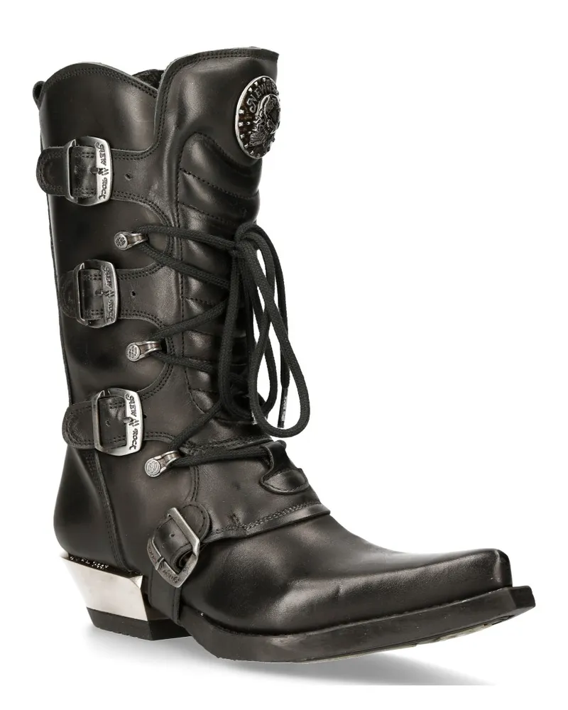 New Rock Cowboy-Schnallenstiefel aus schwarzem Leder – M-7993-S1 Schwarz
