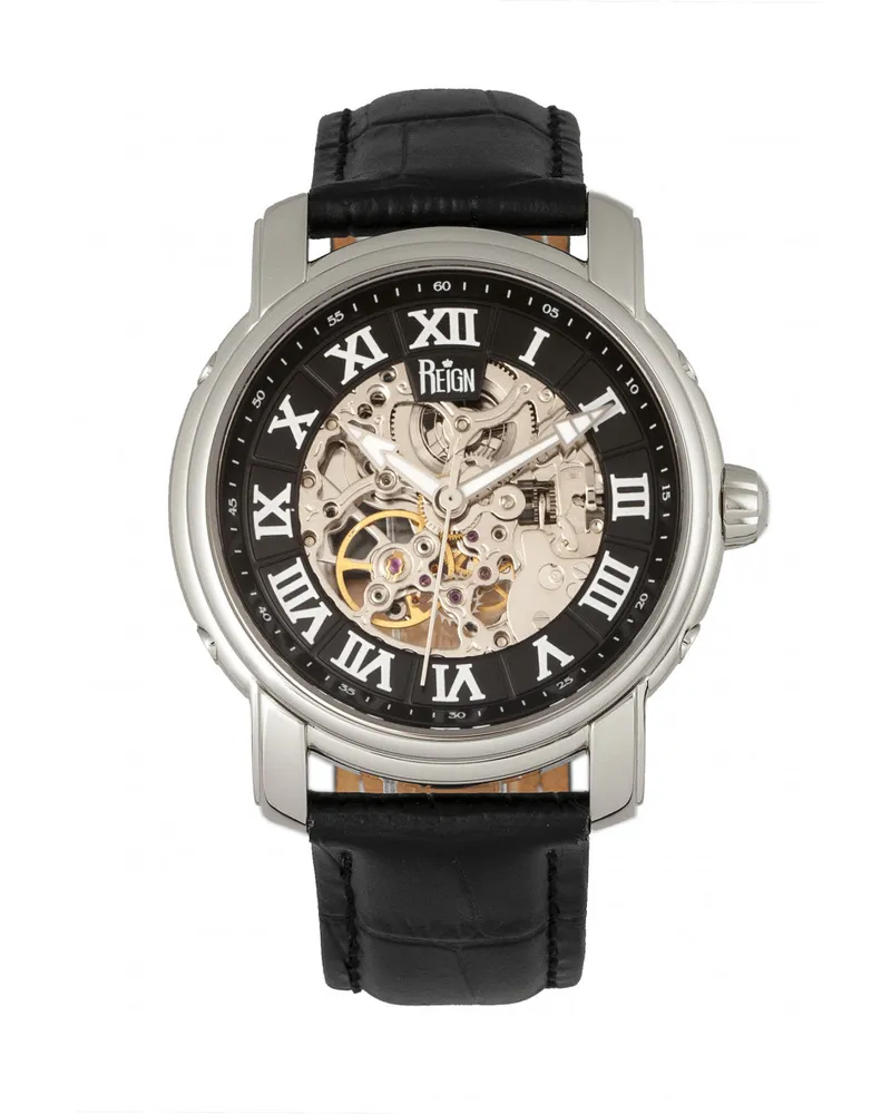 Reign Kahn Automatik-Skelettuhr mit Lederarmband Schwarz