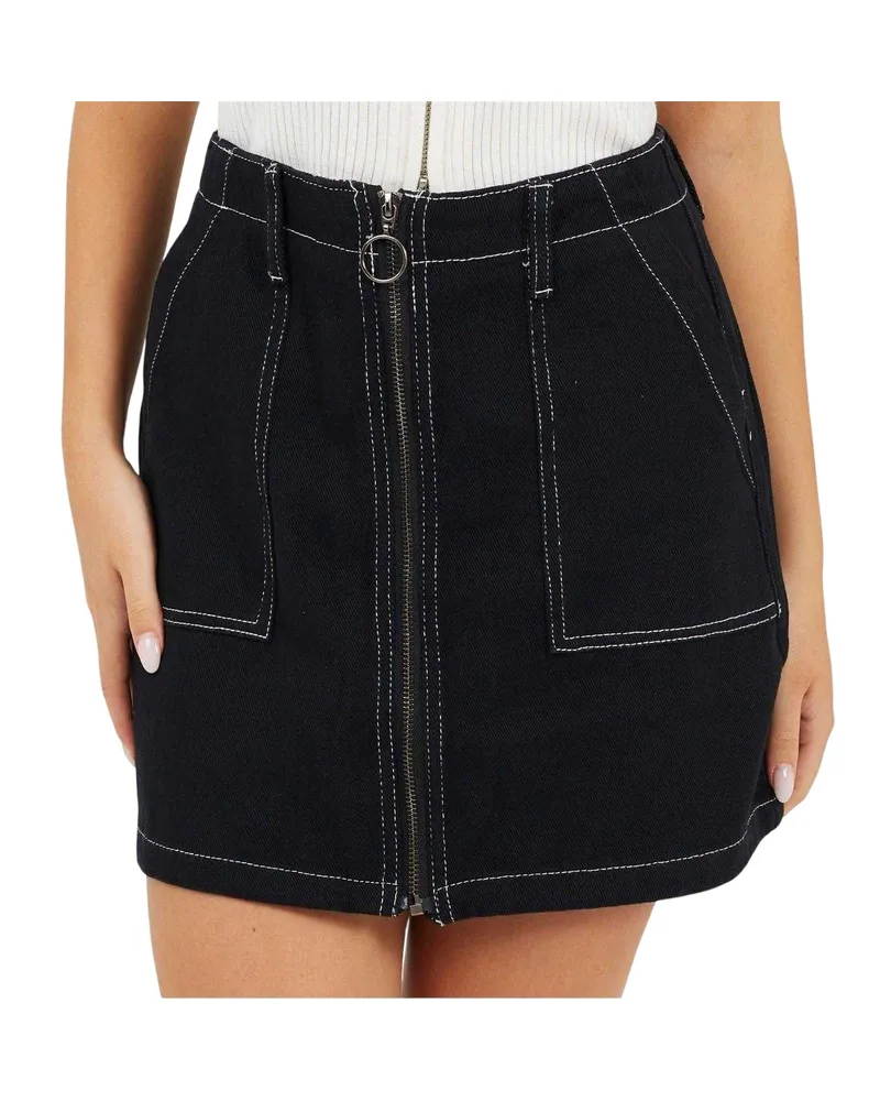 Brave Soul Minirock für Damen, Durchgehender Reißverschluss, Denim, Hoch geschnitten (Schwarz/Weiß Schwarz