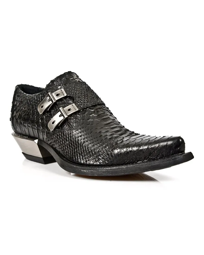 New Rock geprägte Python-Schuhe aus schwarzem Leder mit Schnallen-7934-S2 Schwarz
