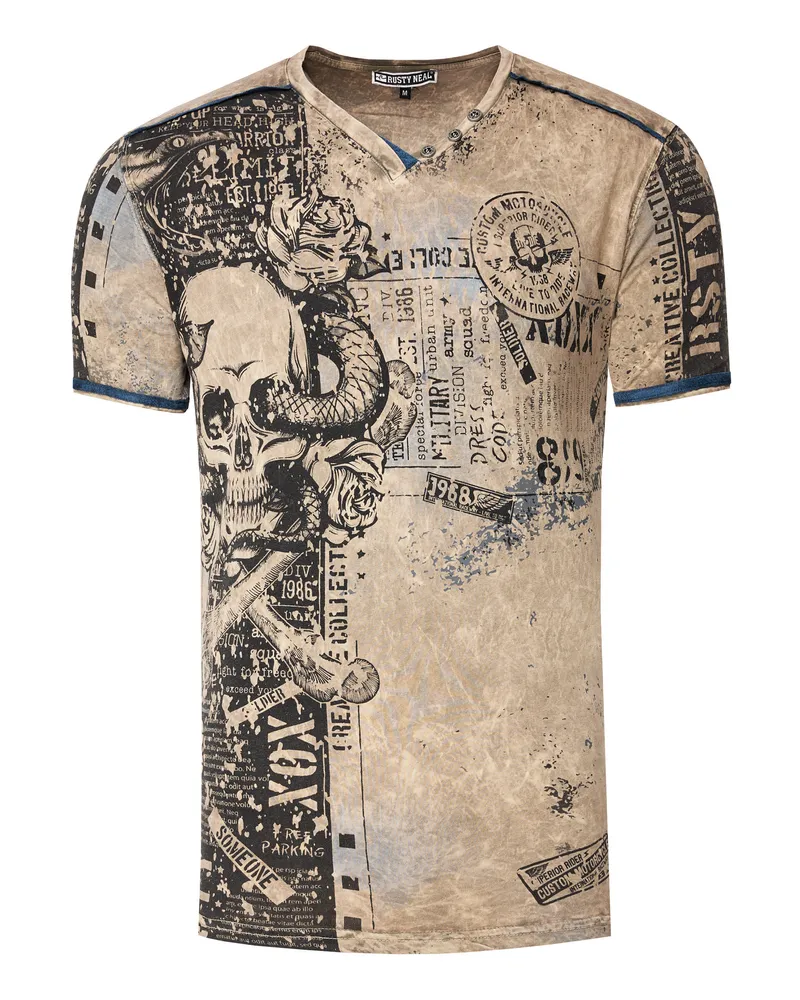 Rusty Neal V-Neck T-Shirt mit All Over Skull X Snake Print und Wildleder-Details Oliv