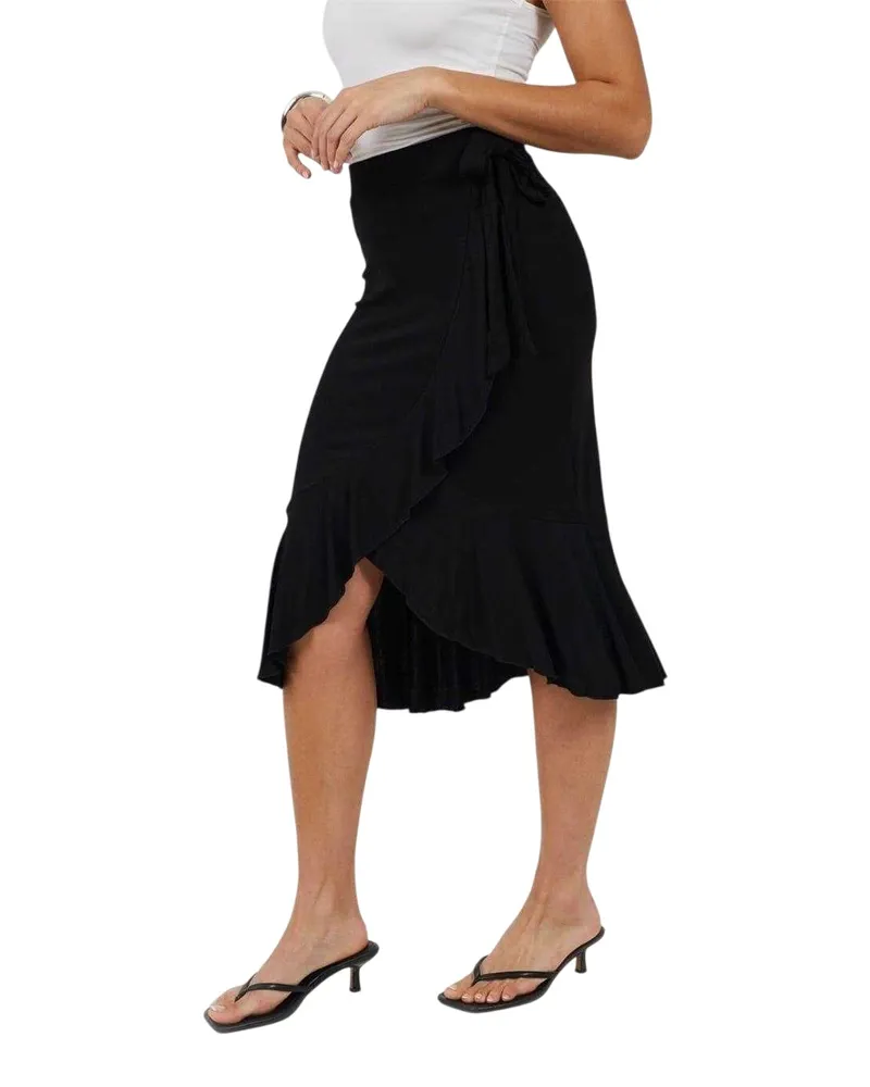 Brave Soul Midirock für Damen, Wickel, Jersey (Schwarz Schwarz