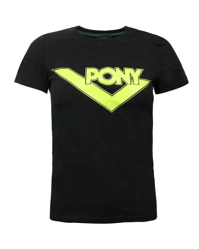 Pony Womens Kurzarm T-Shirt Branded Graphic Top Black 912W2A72BLK Schwarz