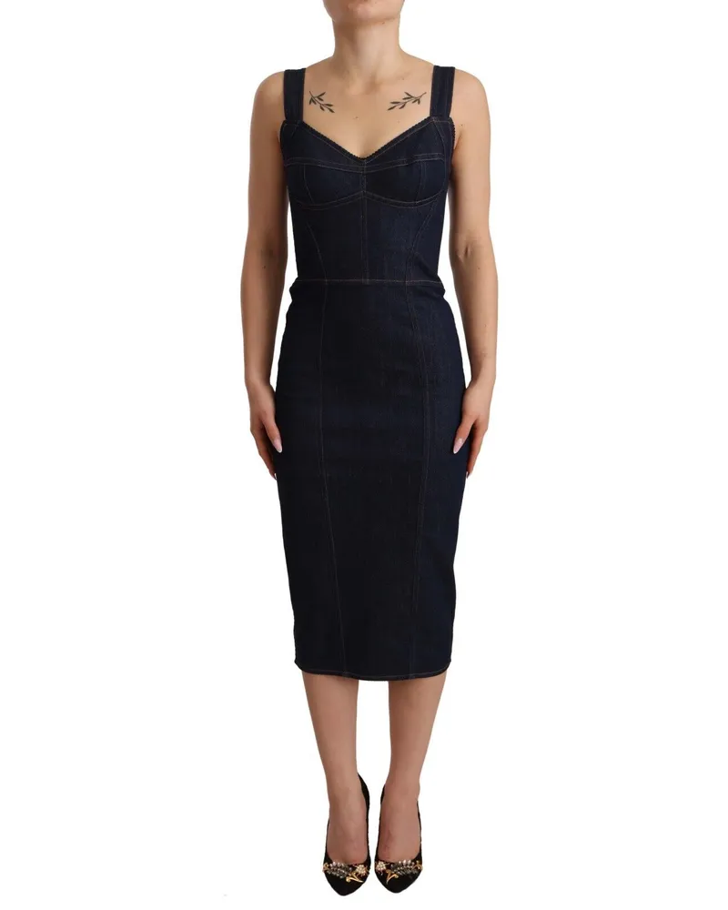 Dolce & Gabbana Denim Bleistiftkleid Ärmellos Midi Länge Dunkelblau