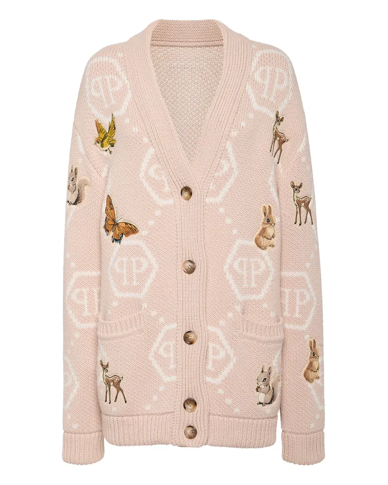 Philipp Plein Long Oversized Cardigan With Fairy Embroidery Beige