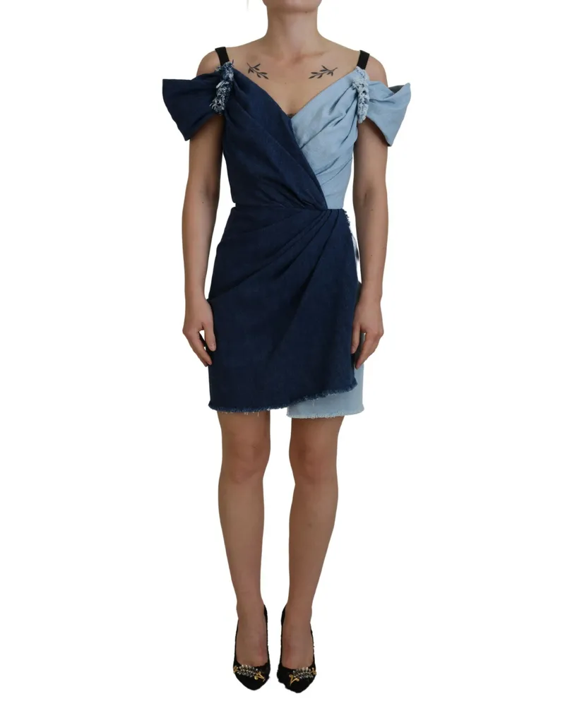 Dolce & Gabbana Denim Mini Kleid Zweifarbiger Wickelstil Lila