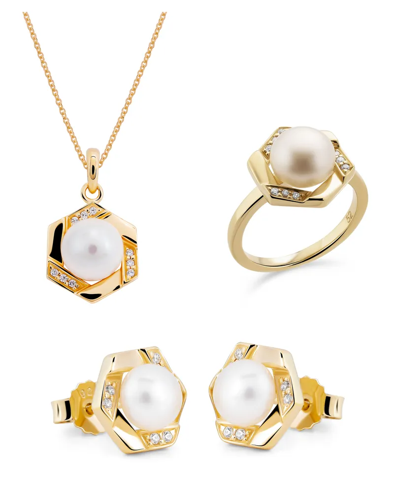 Orphelia Aliva' Damen 925 Sterling Silber Set: Halskette + Ohrringe + Ring - Gold SET-7469/G Gold