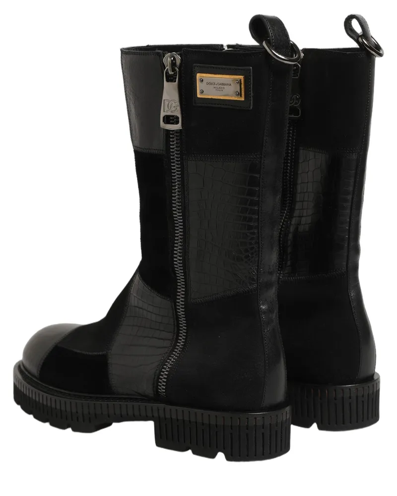 Dolce & Gabbana Schwarze Patchwork Leder Stiefel bis zur Mitte der Waden Schwarz