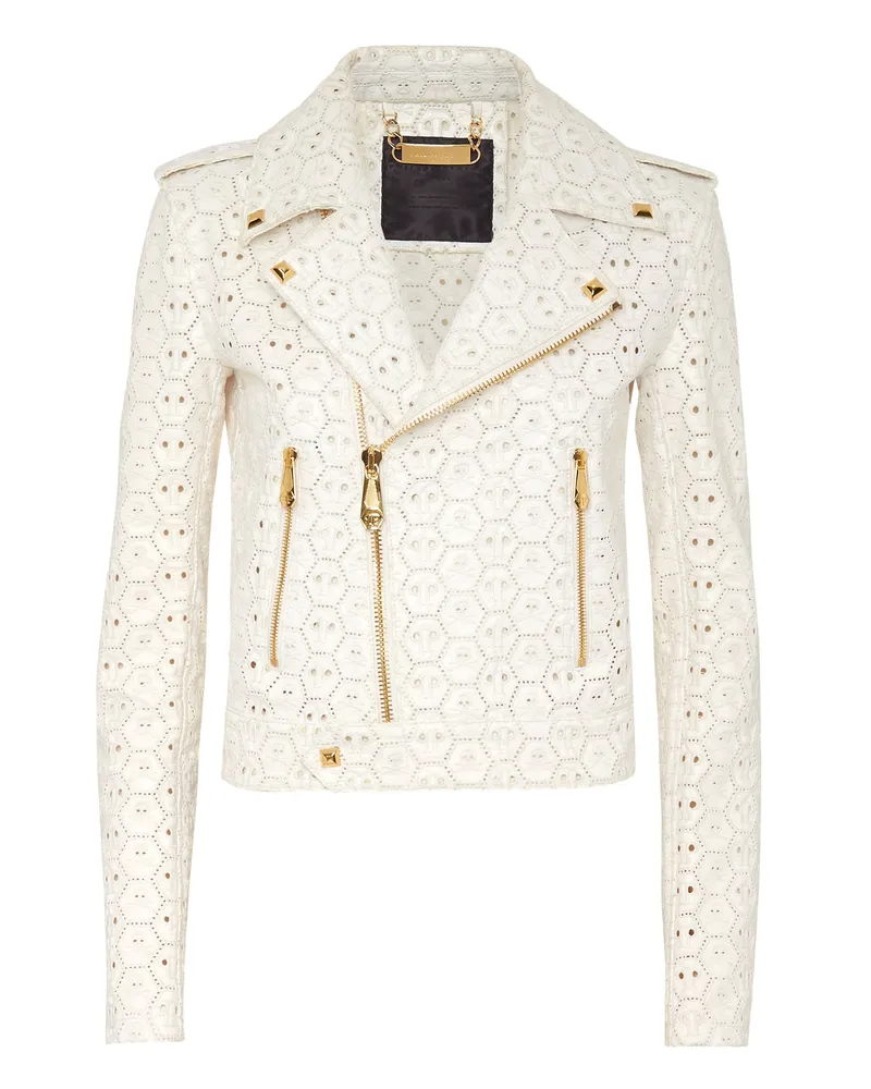 Philipp Plein Leder Biker-Jacke Weiß