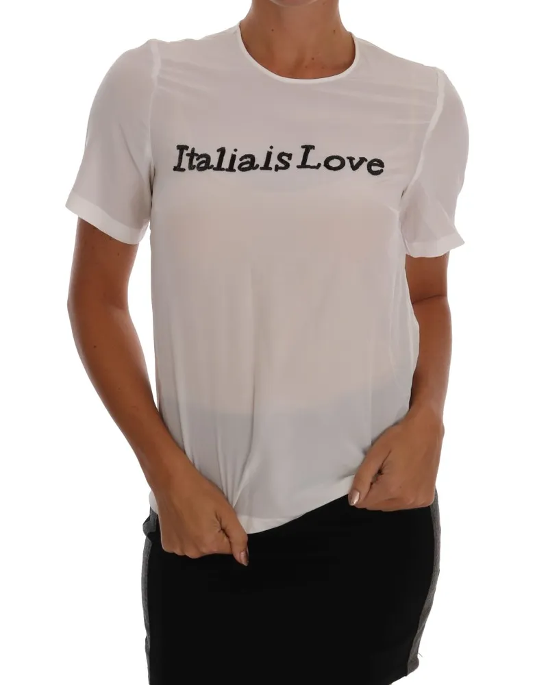 Dolce & Gabbana Weiße Seidene ITALIA IS LOVE Bluse T-Shirt Mehrfarbig