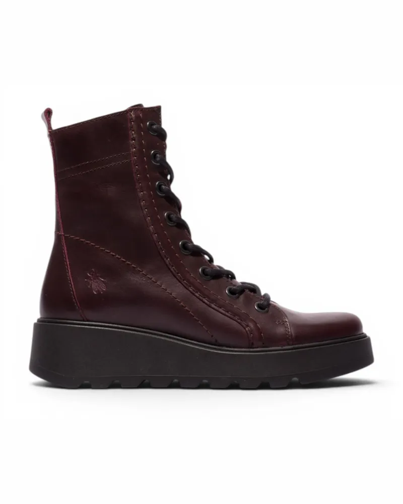 Fly London Womens Wine Leather Schnürstiefel mit Keilabsatz – TERY554 Weinrot