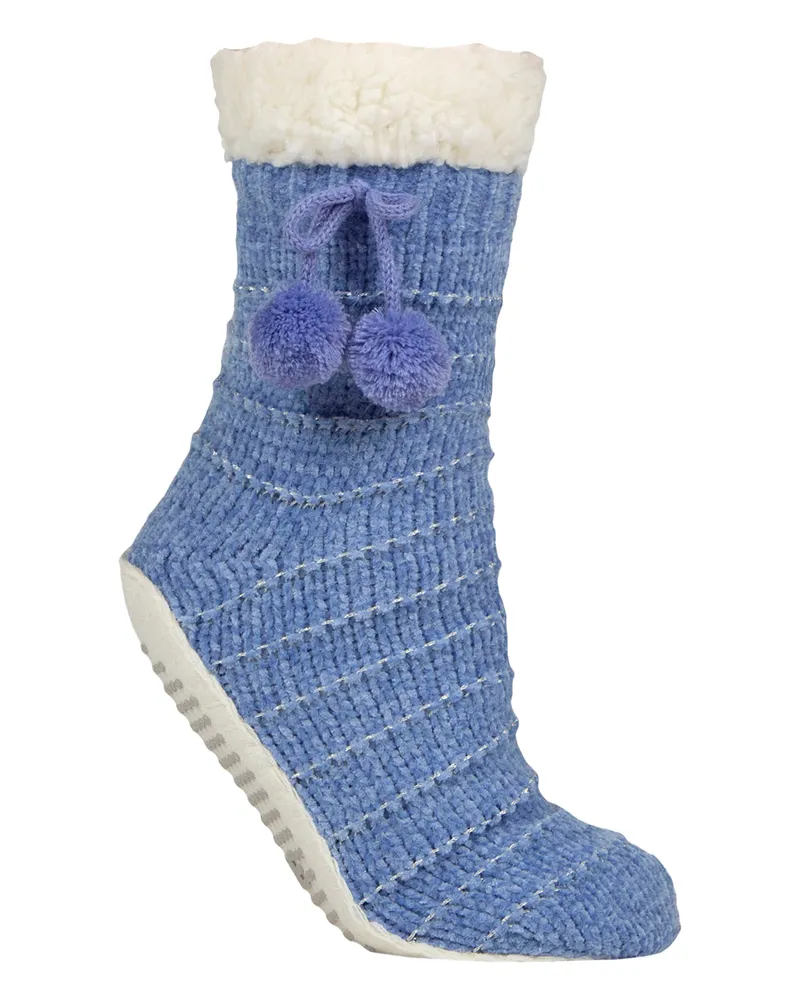 Elle 1 Paar Damen Chenille Hausschuhsocken mit Mokassinsohle - Weicher, gemütlicher Komfort Blau