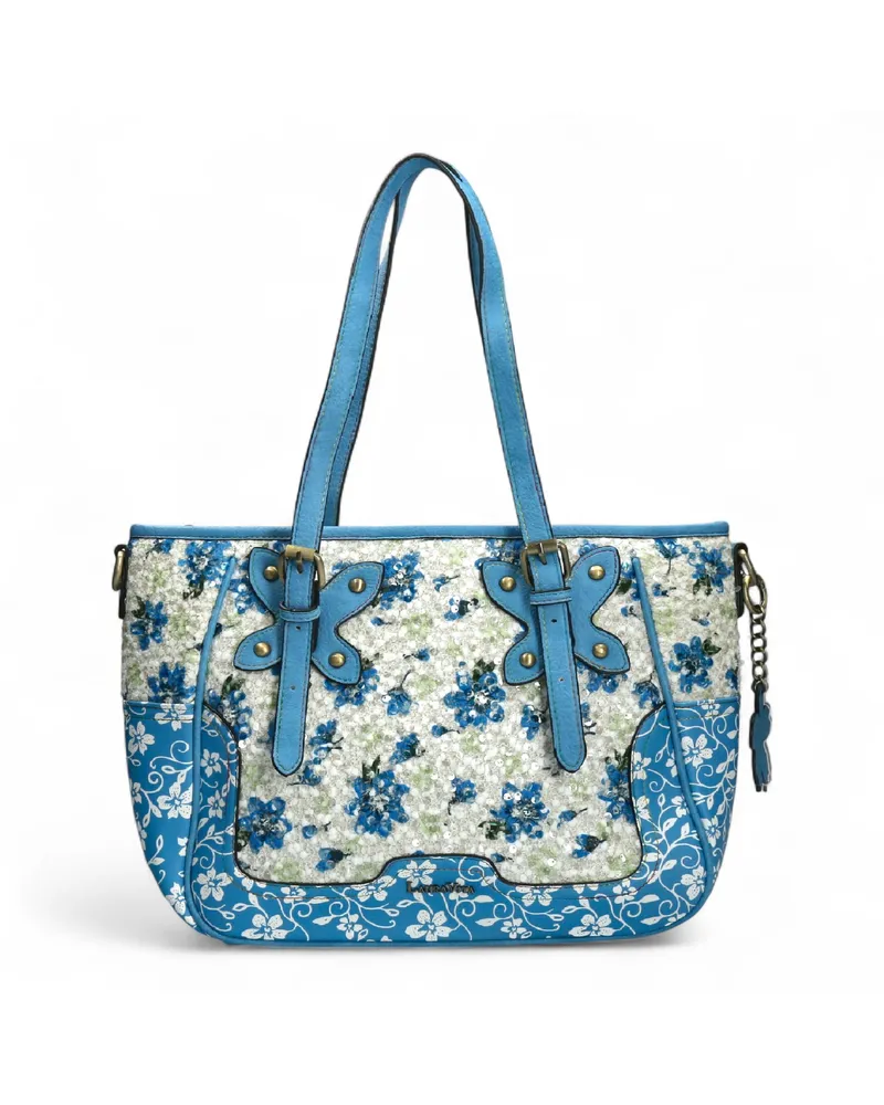 Laura Vita Aloe-02 Dames Schoudertas mit blauem Blumendruck und verstellbaren Bändern Blau