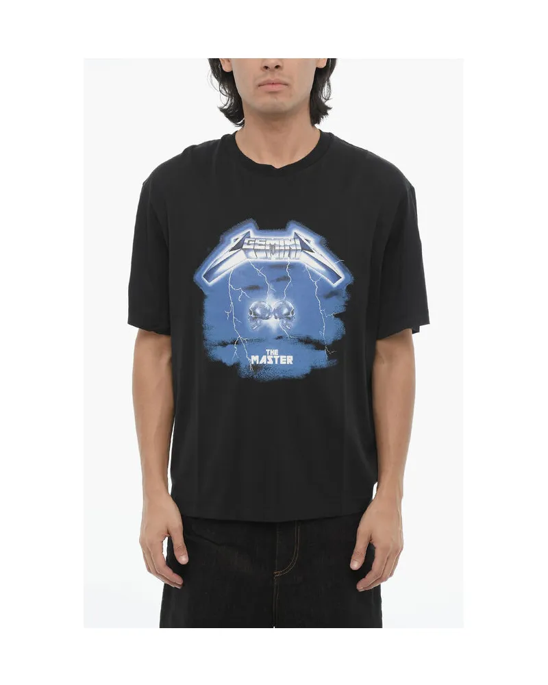 Neil Barrett Slim Fit ROCK BAND ZODIAC GEMINI Rundhals-T-Shirt mit Drop in Schwarz Schwarz