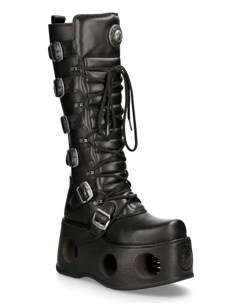 New Rock M-272-S2 Neptuno Metallic Kniehohe schwarze Gothic-Stiefel aus Leder Schwarz