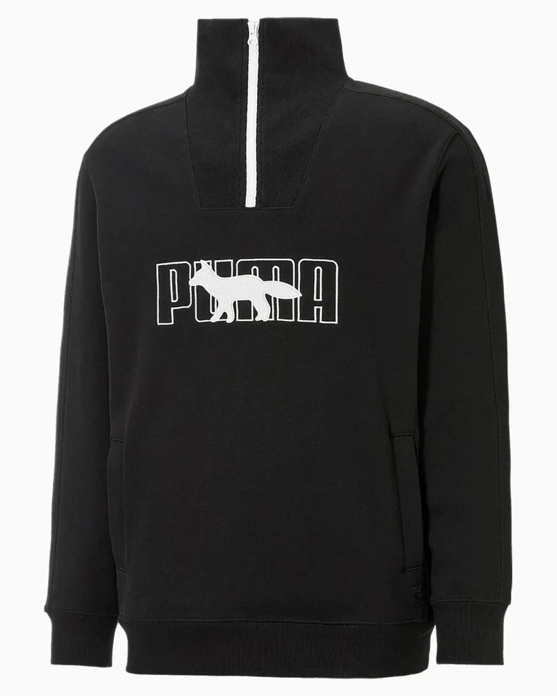 Puma x Maison Kitsune Langarm Herren Halbzip schwarzes Sweatshirt 532322 01 Schwarz