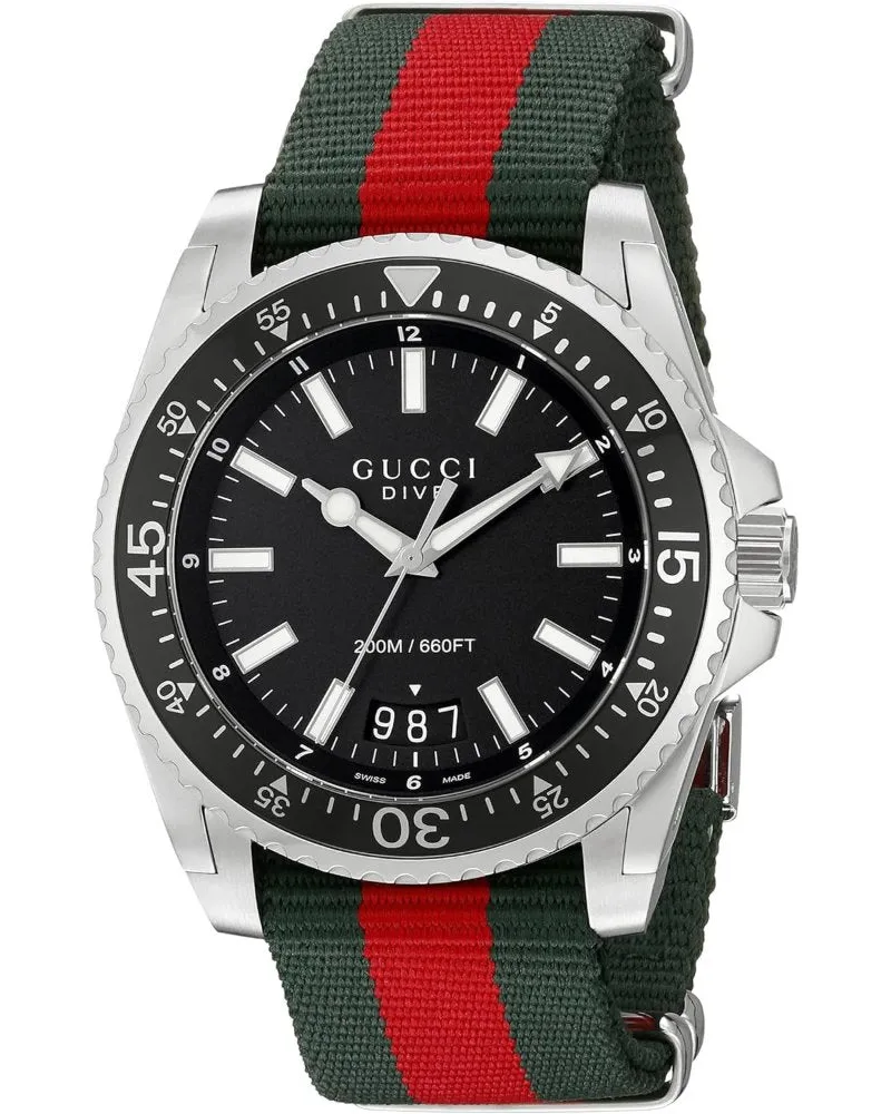 Gucci Dive Herrenuhr YA136206 mit schwarzem Zifferblatt und mehrfarbigem Armband Mehrfarbig