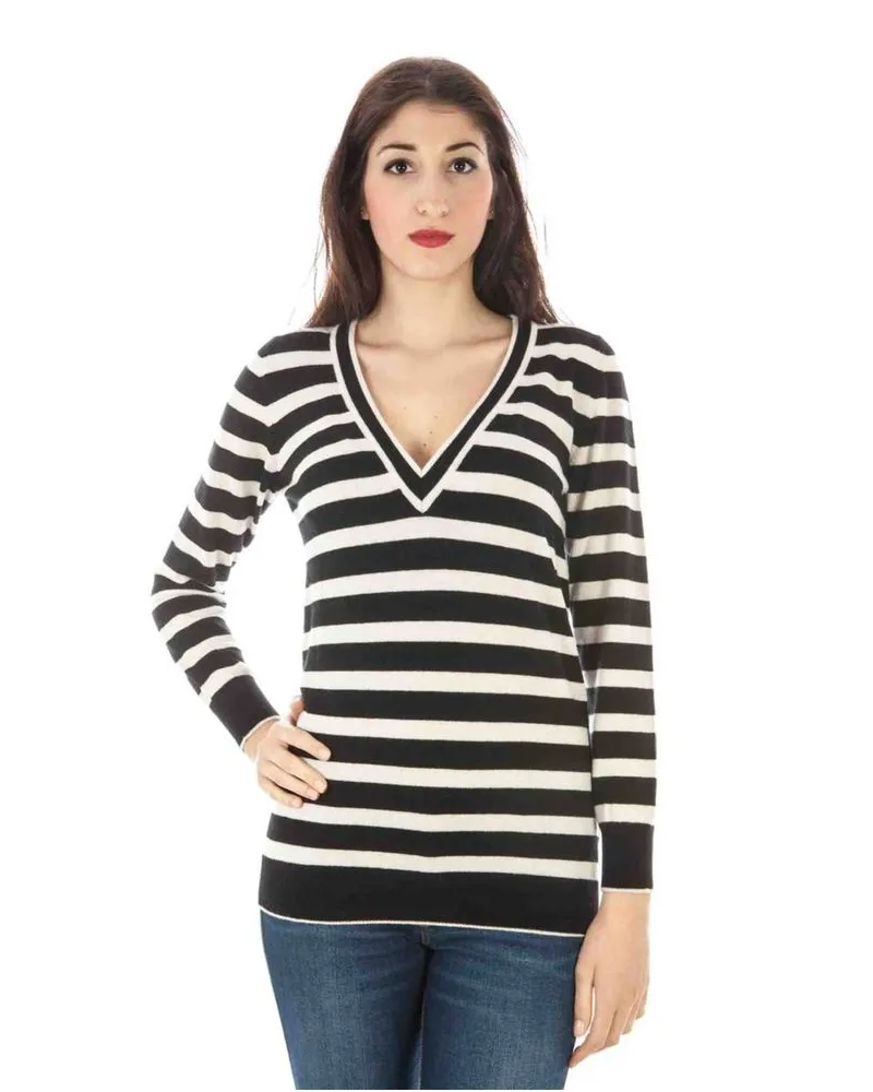 Fred Perry Gestreifter V-Ausschnitt Merinowollpullover Schwarz