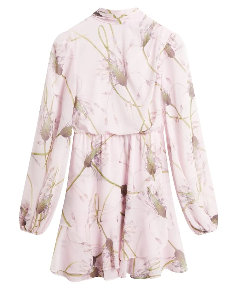 Ted Baker Arakas Kleid Mit Print, Langen Ärmeln Und Halsbinde, Hellrosa Hellgrau