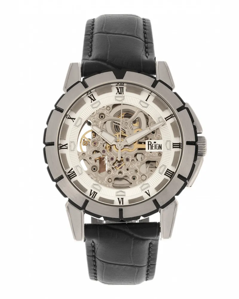Reign Philippe Automatik-Skelettuhr mit Lederarmband Schwarz