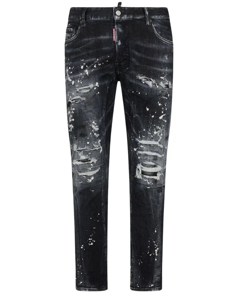 Dsquared2 Tidy Biker Jean Paint Splash verstärkte zerrissene schwarze Jeans Schwarz