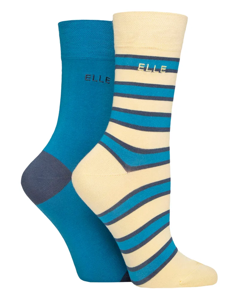 Elle 2er Pack Damen Streifen- und Baumwollsocken - Weicher, atmungsaktiver Alltagskomfort Blau