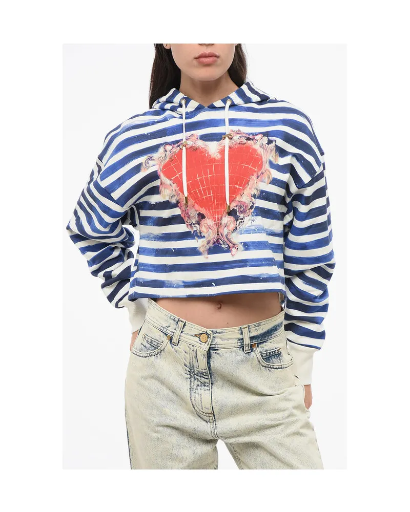 Balmain Zweifarbig gestreifter Cropped Hoodie mit Herz-Print in Bianco, Blu Weiß