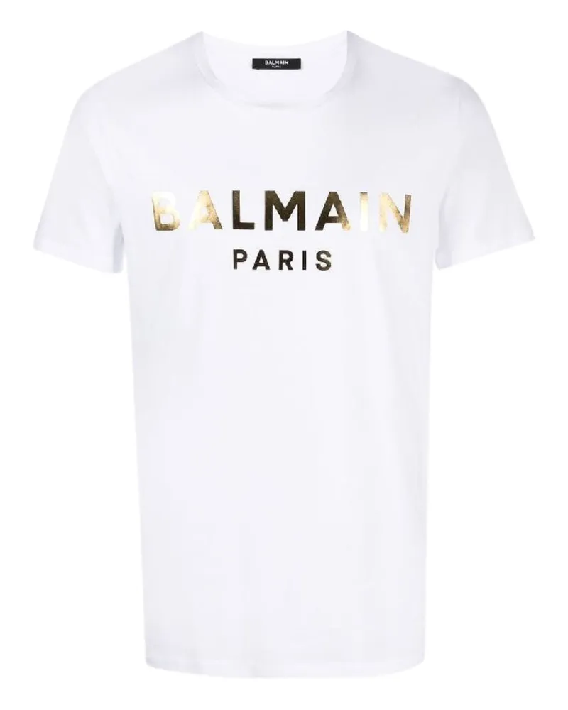 Balmain Paris - Weißes T-shirt Mit Goldfolienlogo Weiß