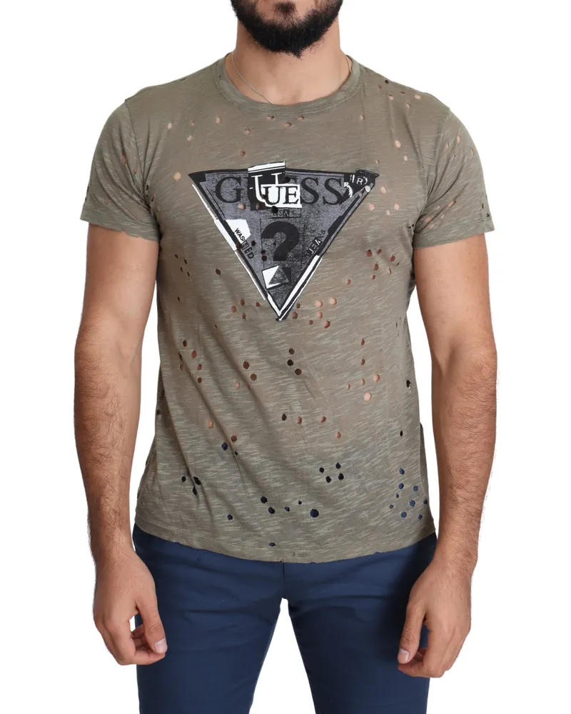 Guess T-shirt marron en coton stretch imprimé logo pour hommes, décontracté et perforé Braun