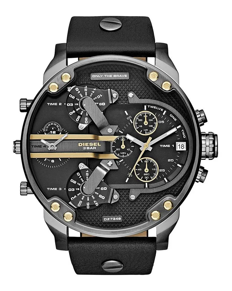 Diesel Mr. Daddy 2.0 Multifunktionale schwarze Lederarmbanduhr Mehrfarbig