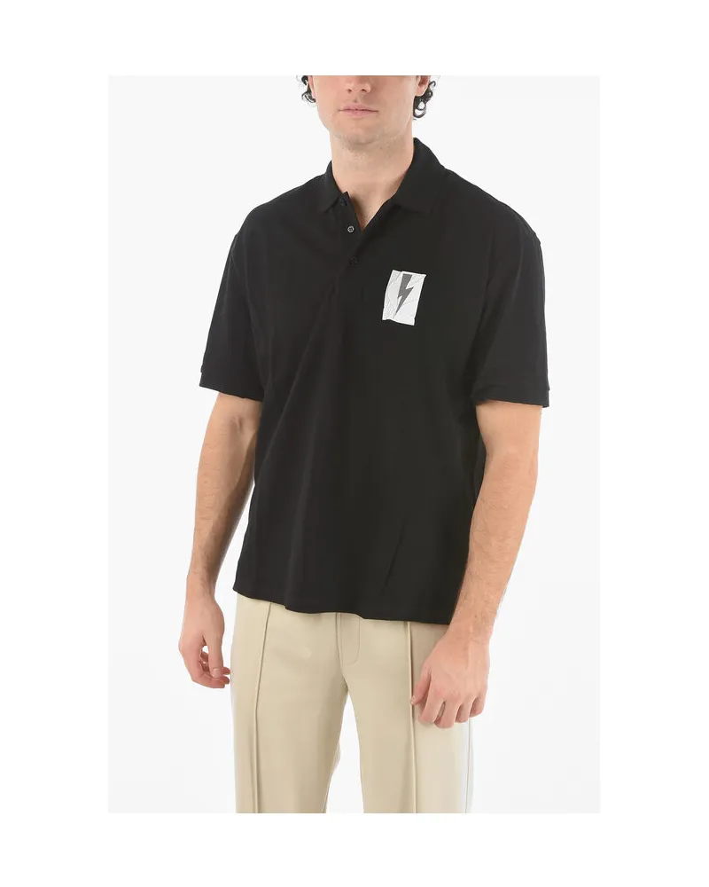 Neil Barrett Loose Fit FLAG BOLT Polo mit aufgedrucktem Logo - Schwarz Schwarz