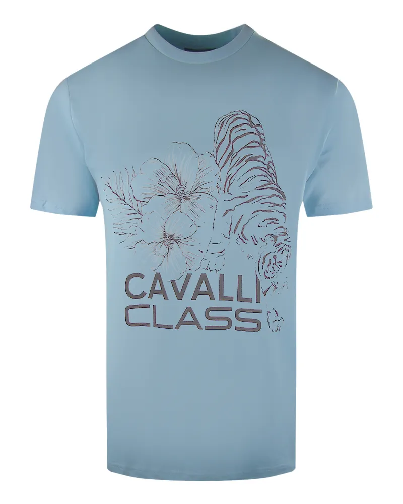 Roberto Cavalli Blumentiger-Design Hellblaues T-Shirt Blau