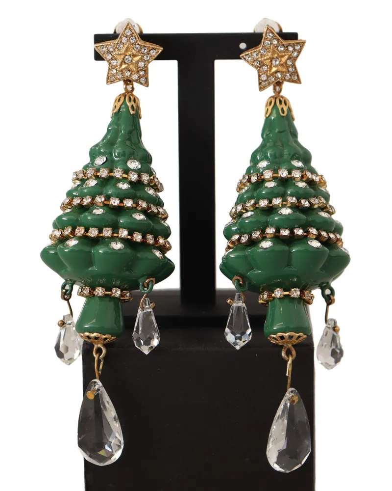 Dolce & Gabbana Damen Goldene Weihnachtsbaum Kristall Messing Clips Ohrringe Grün