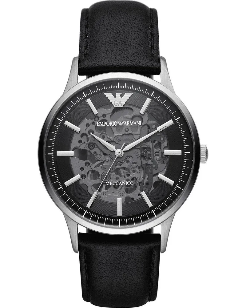 Emporio Armani Elegante Herrenuhr der Marke Armani. Die Uhr hat ein Armband, das auch kleiner gemacht werden kann, das Gehäuse hat einen Durchmesser von 43 mm. Die Uhr hat ein mechanisches Uhrwerk, so dass keine Batterien benötigt werden.  Marke: ArmaniModellname: AR60038 (43mm)Kategorie: HerrenuhrMaterialien: Edelstahl, LederFarbe: schwarz, silber Schwarz