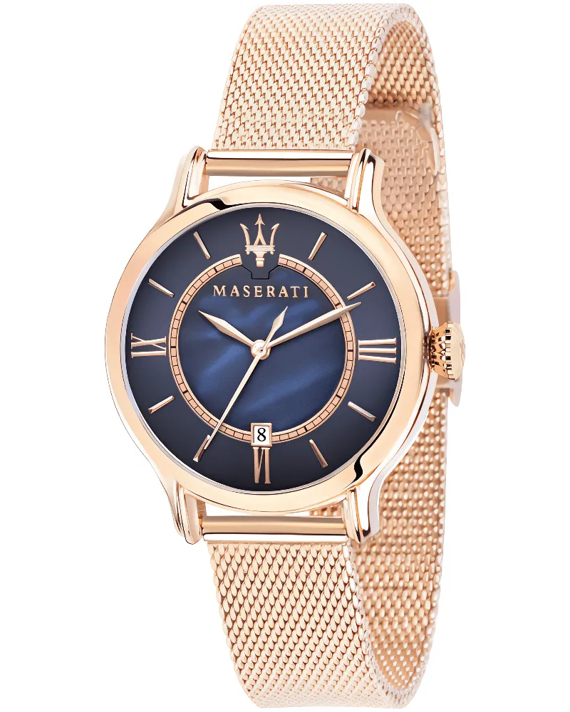 Maserati Epoca Damenuhr mit blauem Perlmutt-Zifferblatt und Roségold-Finish Roségold