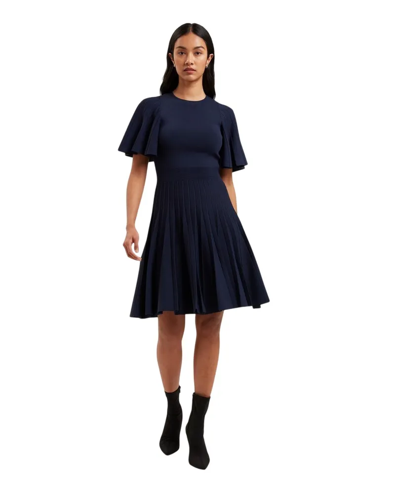 Ted Baker Kleid mit ausgestelltem Rock für Damen, Rundhalsausschnitt, Jerseyware, Flatter-Ärmel (Marine Marineblau