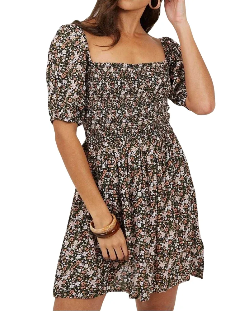 Brave Soul Minikleid für Damen, Eckiger Ausschnitt, Puffärmel (Pink/Bunt Rosa