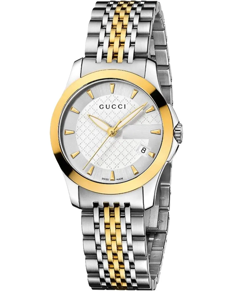 Gucci YA126511 G-Timeless Damenuhr mit Zweifinish, römischen Ziffern und Edelstahlarmband - Silber/Gold Silber