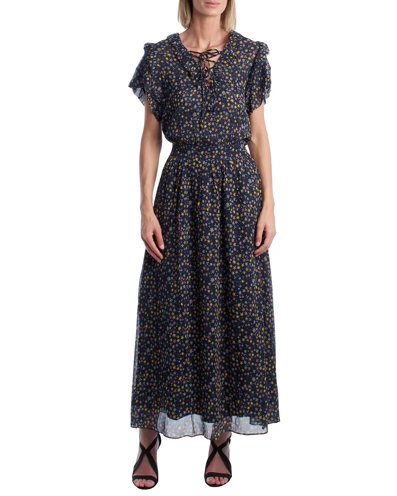 Zadig & Voltaire Langes Damenkleid mit Schleifenausschnitt und Rüschen WJCF0402F Blau