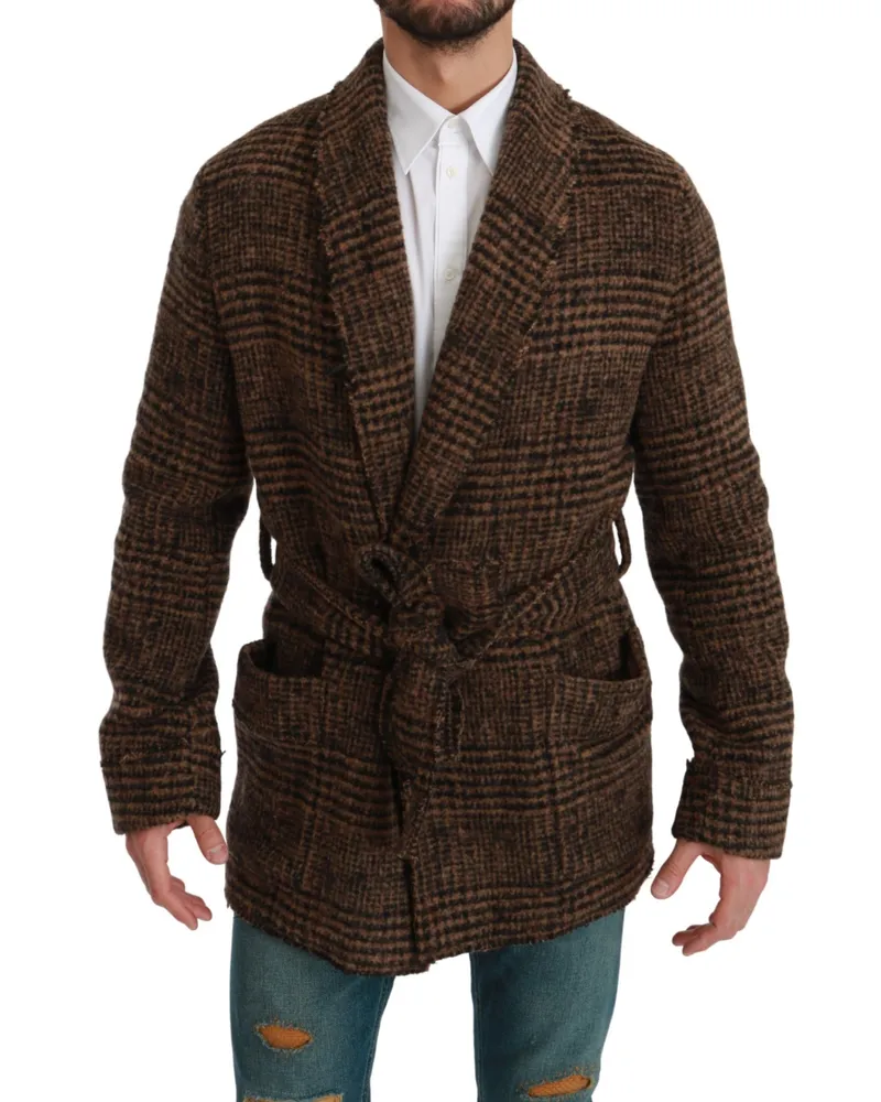 Dolce & Gabbana Brauner karierten Wollmantel mit langen Ärmeln Braun