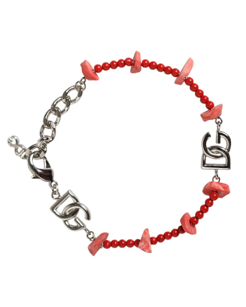 Dolce & Gabbana Silberfarbener Messingperlen-Harz DG Logo Kettenarmreifen Silber