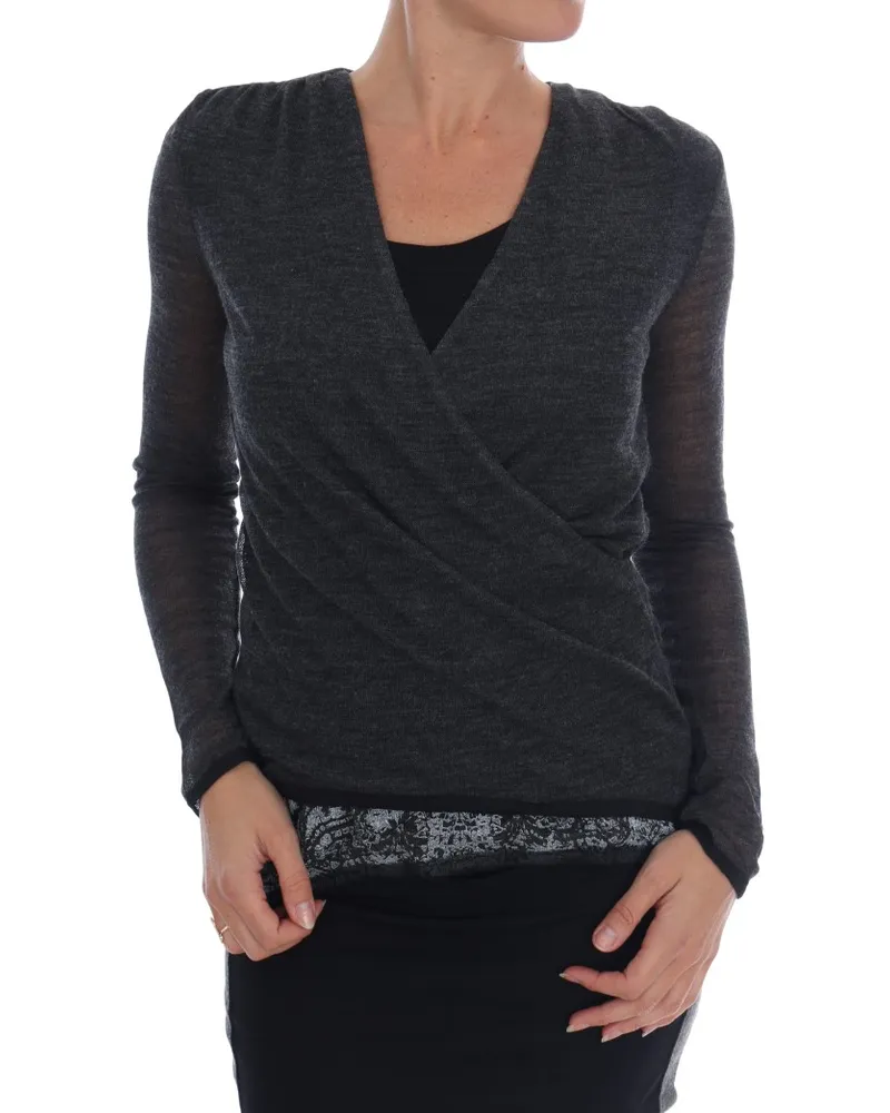 Ermanno Scervino Graues Woll-Spitzenoberteil Langarm-T-Shirt Grau