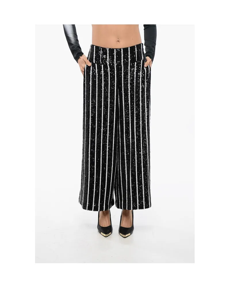 Balmain Paillettenbesetzte, gestreifte High-Waist-Hose in Schwarz und Weiß Schwarz